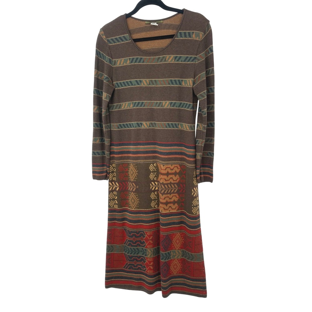 Peruvian Connection Maxi Dress L Brown Tribal Geometric 100% Pima Cotton Boho